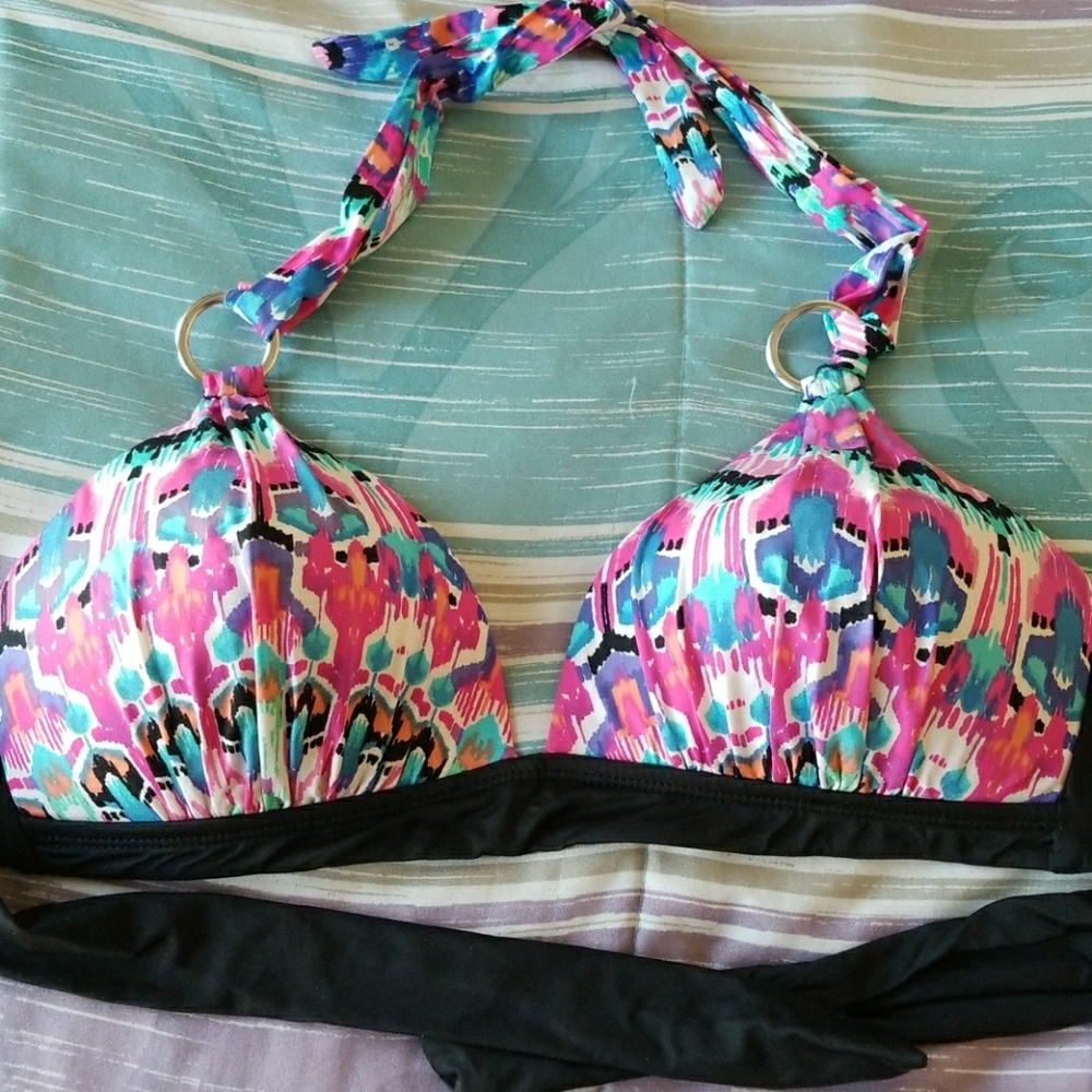 Ana Size 12 Flowered Swim Top, Pink, Blues, Black